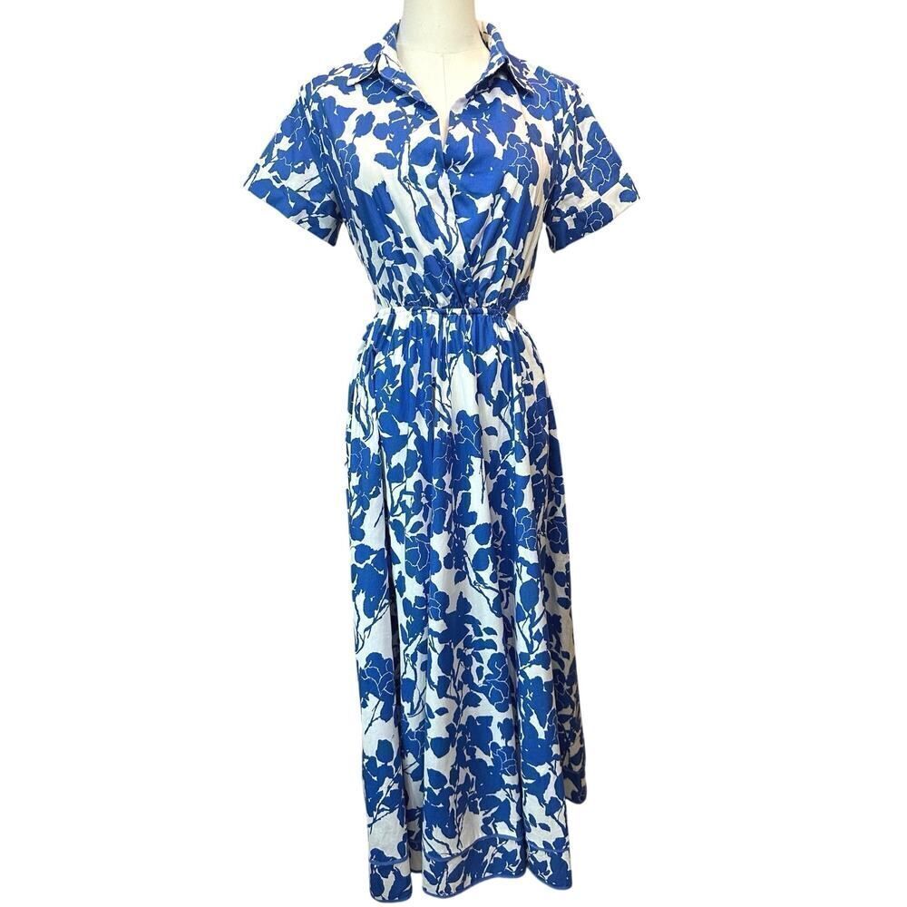 NWT Aakaa Anthropologie Small Side Cutout Blue White Maxi Artsy Festive Dress - Picture 2 of 16